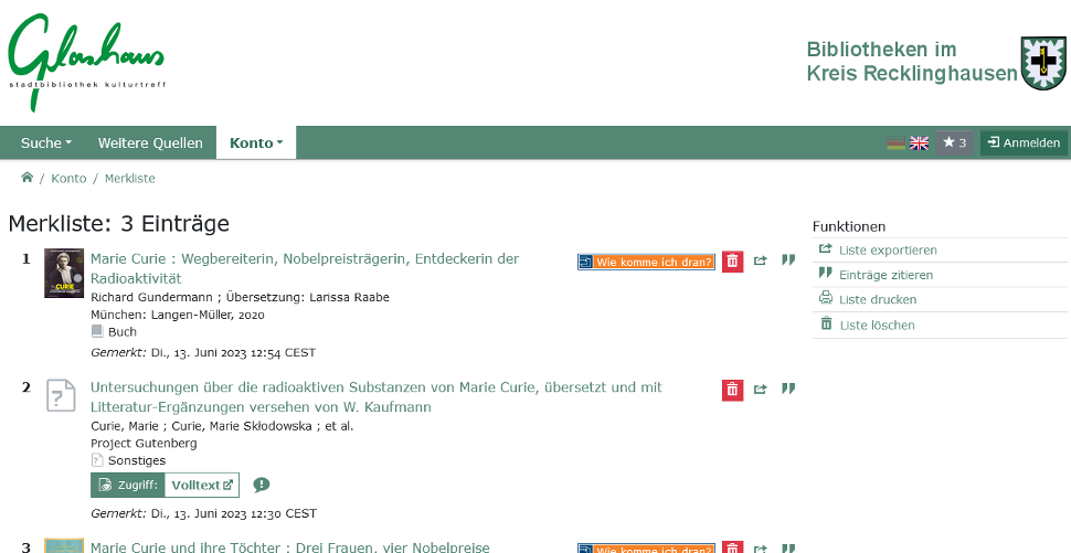 Screenshot DigiBib: Merkliste mit 3 Einträgen über Marie Curie