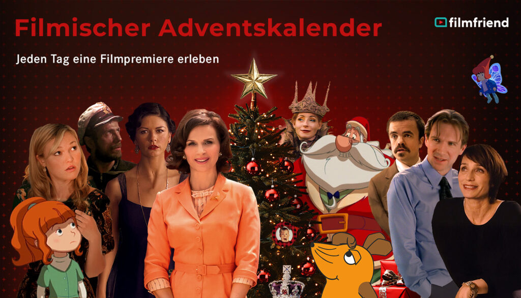 Filmischer Adventskalender: Jeden Tag eine Filmpremiere erleben. Figuren aus Filmen und Serien um einen Weihnachtsbaum