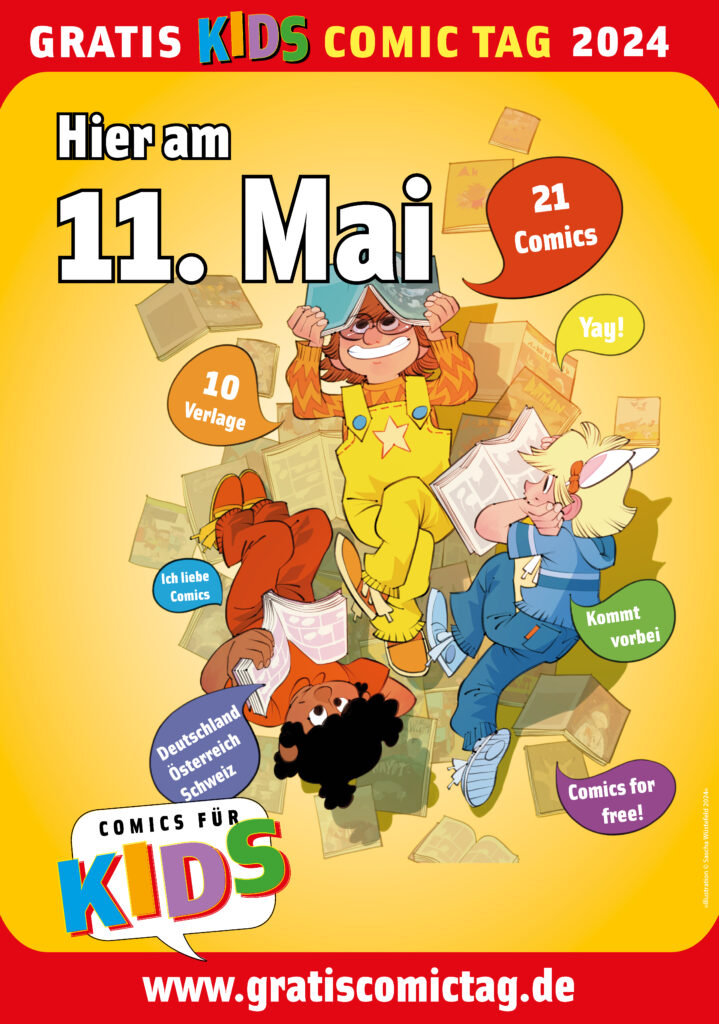 Plakat mit Texten zum Gratis KIDS Comic Tag, z.B. Hier am 11. Mai; 21 Comics; 10 Verlage; Yay; Kommt vorbei
